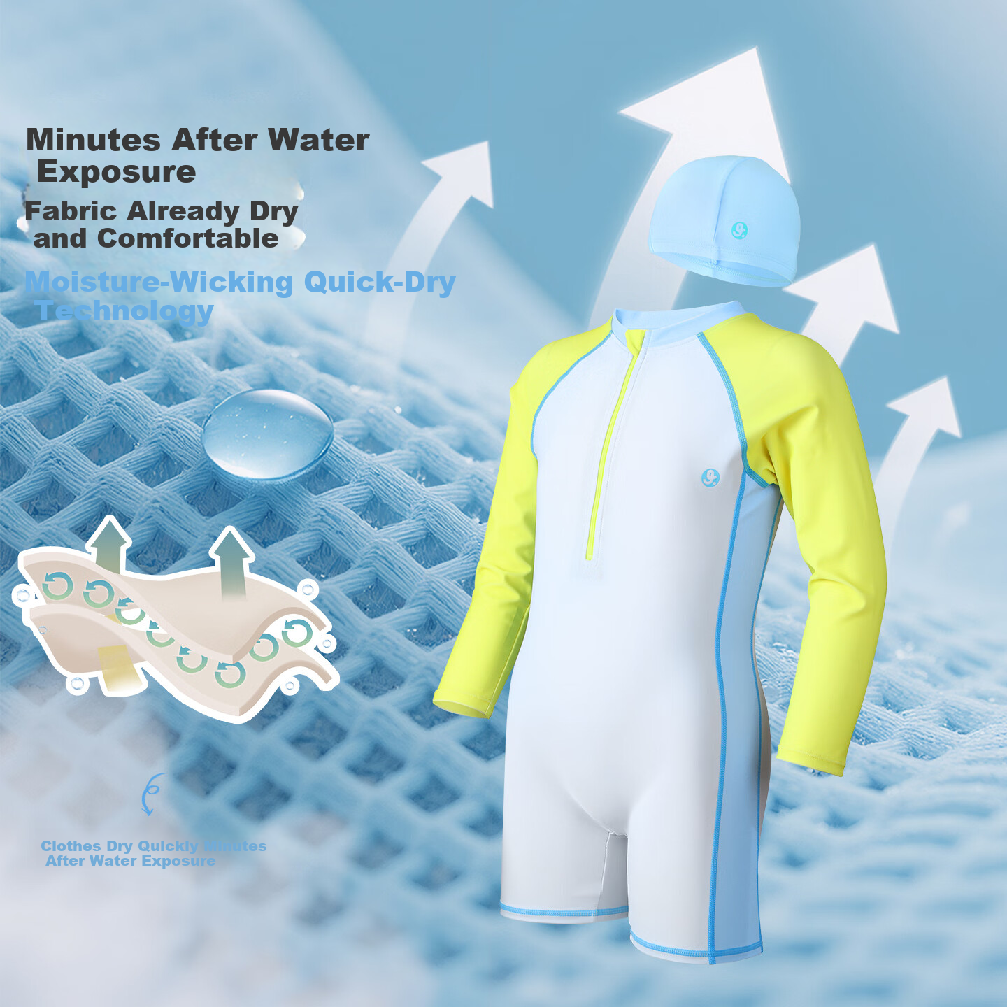 Jiusuiban Kids Boys Sun Protection Quick-Dry Long Sleeve One-Piece Swimsuit with Swim Cap for Beach and Swimming