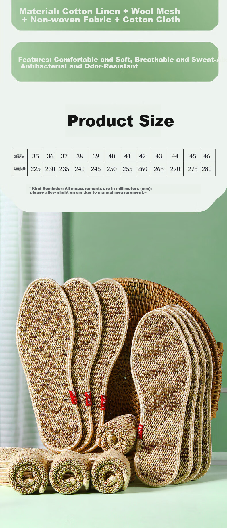JVBV Mugwort Cotton-Linen Odor-Resistant Insoles for Men, Sweat-Absorbing, Breathable, Handmade Pure Cotton Fabric, Women's Leather Shoe Deodorizer with Long-Lasting Fragrance, Size 41 9