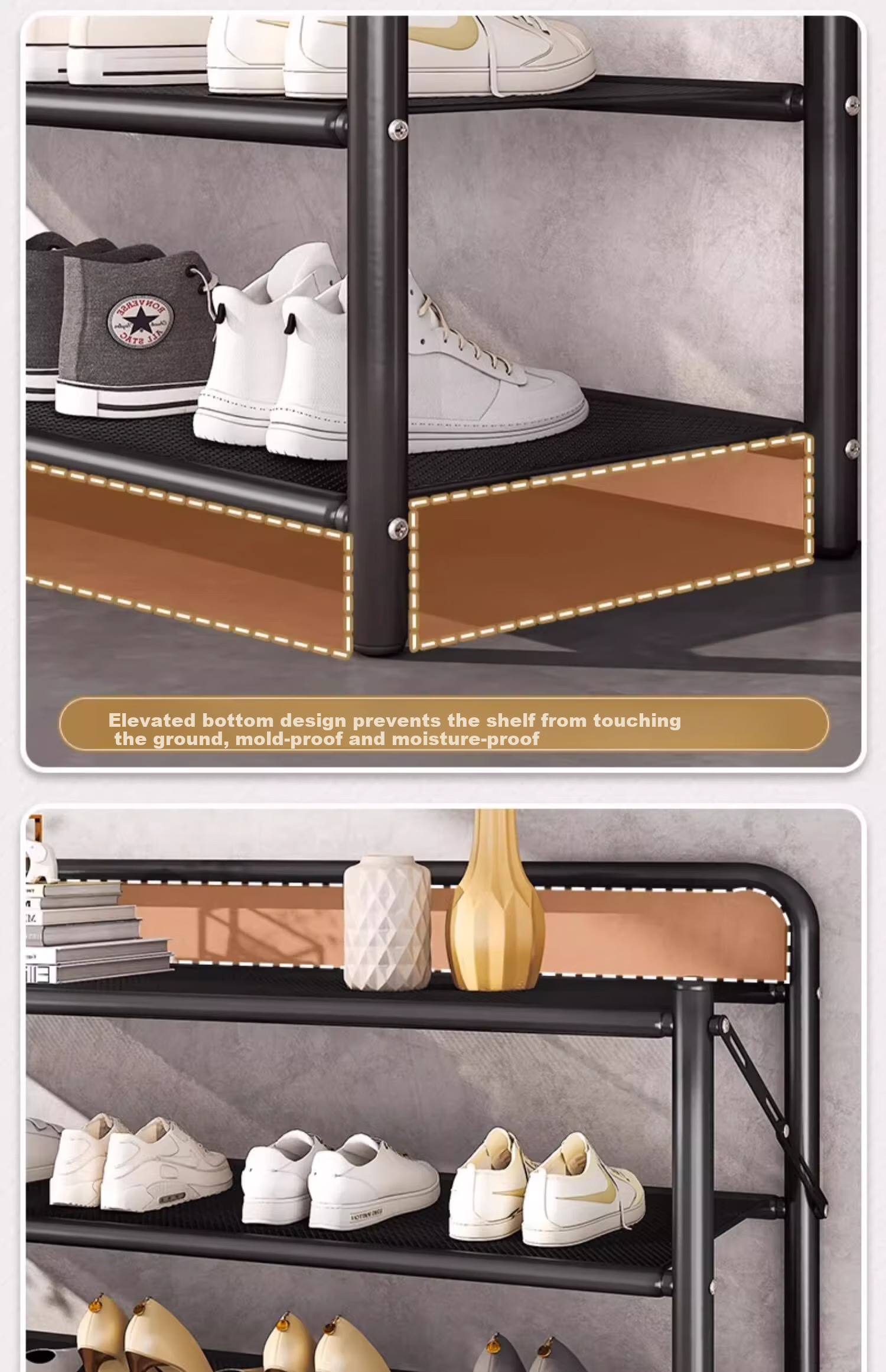 Antjia Foldable Shoe Rack Doorway Shoe Rack Multi-layer Iron Art No-Installation Storage Shelf Black 6-Tier 70cm 18