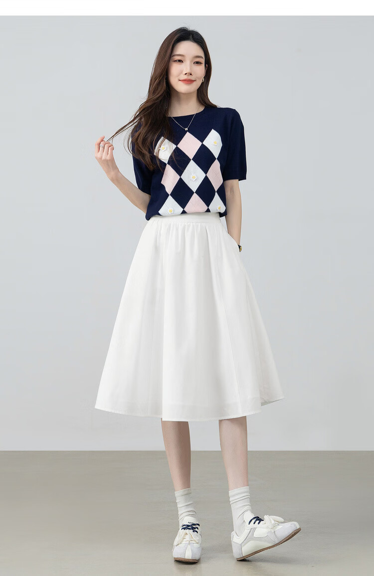 Shangdu Bila Pear-Shaped Slimming Casual Pleated A-Line Mid-Length Skirt for Women Spring Summer 11