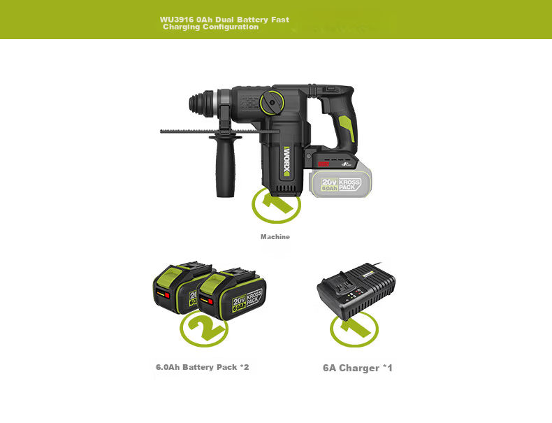 WORX 20V Cordless Lithium Battery Hammer Drill WU391.9 (Bare Tool) Rechargeable Impact Drill Concrete Electric Tool 21