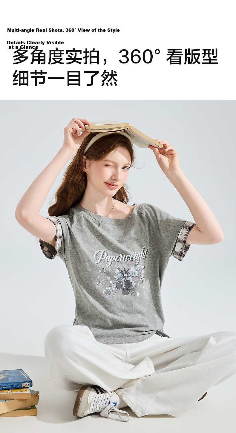 TonLion 2026 Summer New Slim Fit Gray Patchwork Short Sleeve T-Shirt for Women Stylish Casual Designer Niche Top 9