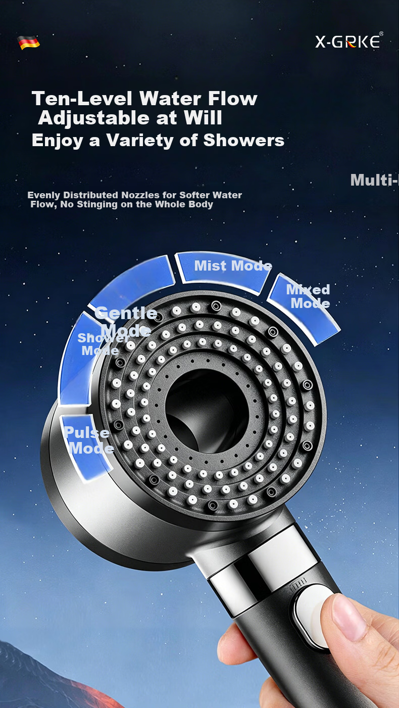 X-GRKE Germany High-Pressure Shower Head Set with Hose and Filter, Powerful Water Flow Booster 8