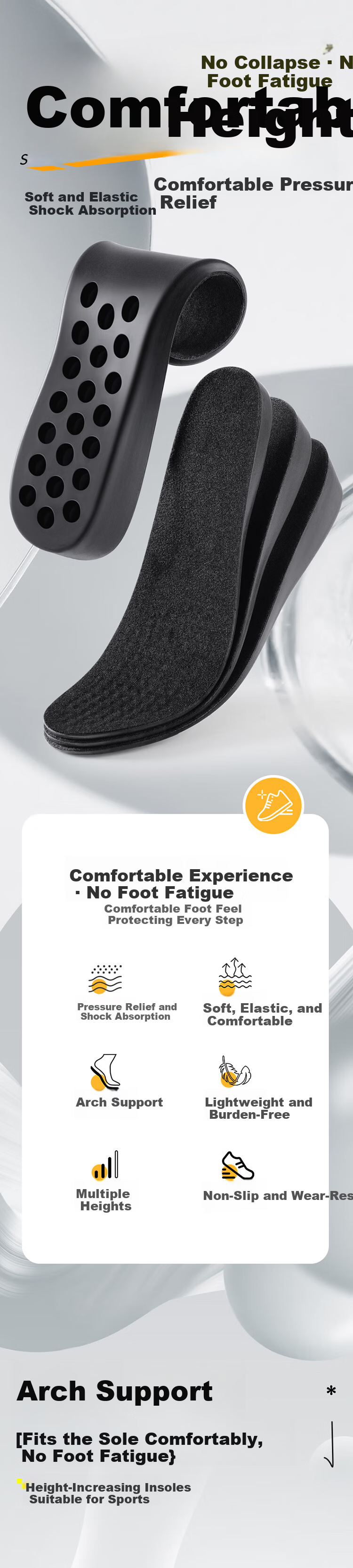 Footprint Tribe Invisible Height Increasing Insoles Arch Support Anti-Collapse for Long Standing 1 Pair [3cm] Black Size 41-42 1