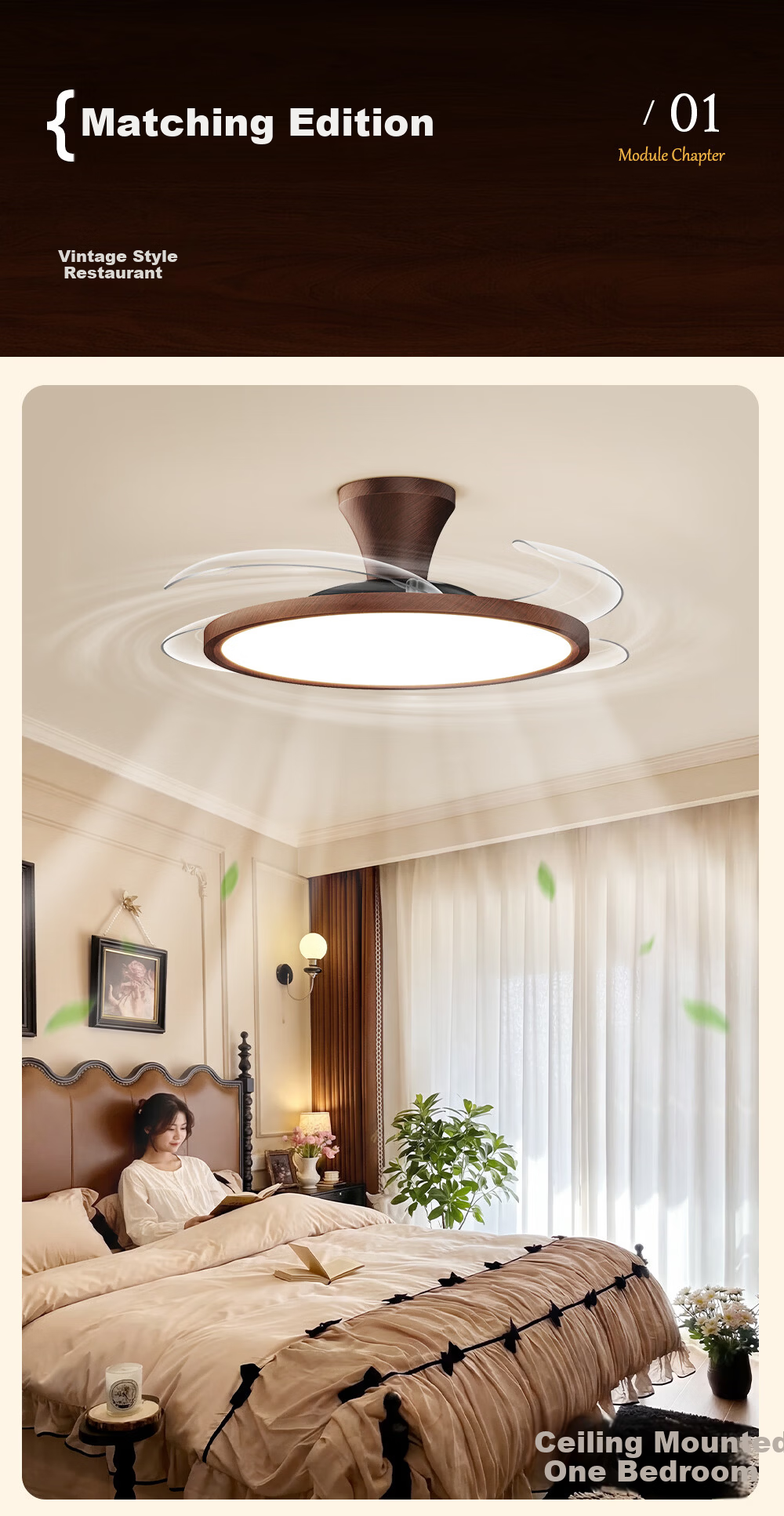 HP Puriguang Vintage Ceiling Fan Light with Invisible Blades for Bedroom and Dining Room Zhongshan Lighting with Installation Package Zhenzhiguang 6