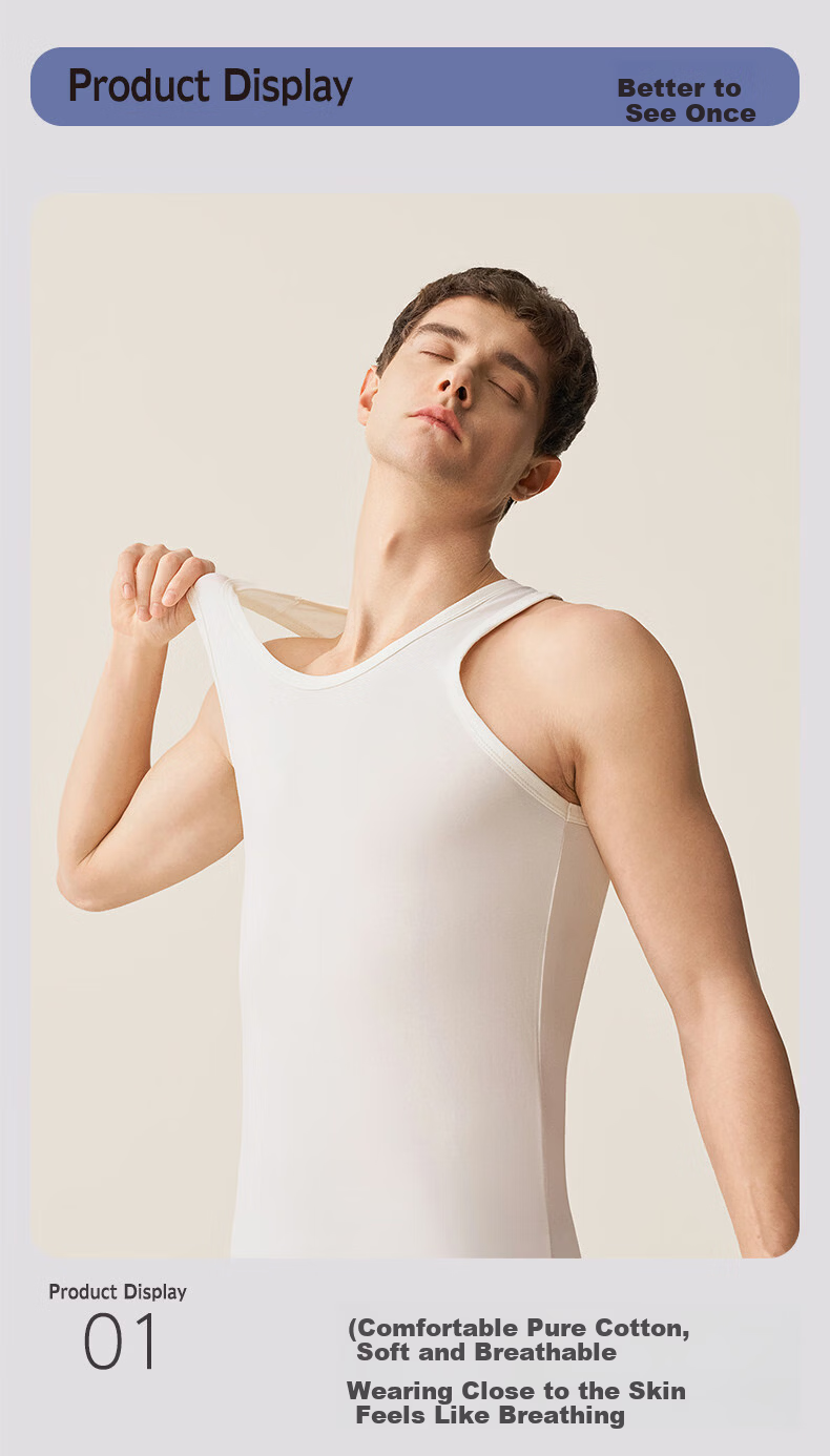 Me feeling Men's Cotton Vest Seamless Racerback Sleeveless Thin Pure Cotton White Innerwear Spring Summer Base Shirt 3