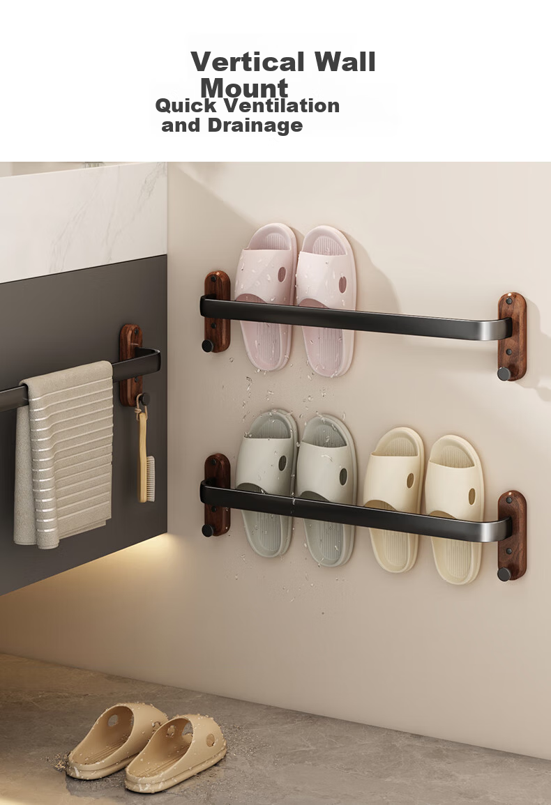 Youqin Walnut Wood Slipper Rack Bathroom Hanging Storage Shelf Wall-Mounted Draining Organizer for Toilet 6
