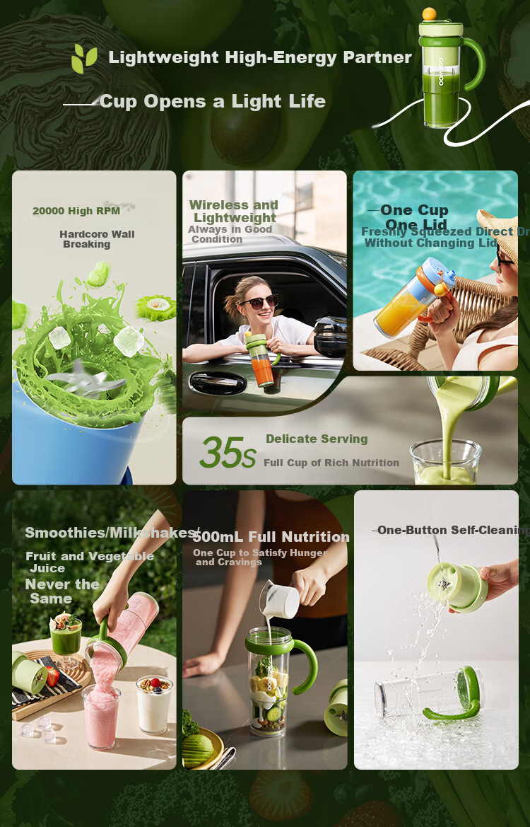 DAEWOO Wall-breaking Light Food Cup 618 Price Protection Wireless Slimming Fruit and Vegetable Cup Portable Juicer Juice Cup Travel Cup 500ml Large Capacity Baby Food Processor ZB15-BCL 4