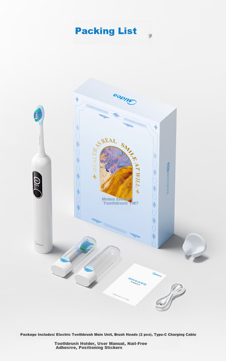 Midea OK Electric Toothbrush with Large Screen, Vibration Sweep, Missed Brush Reminder, 45° Wide Swing, Deep Cleaning, Interactive Digital Display, Adult Gift Box, Couple Birthday Gift YM7 Blue 15