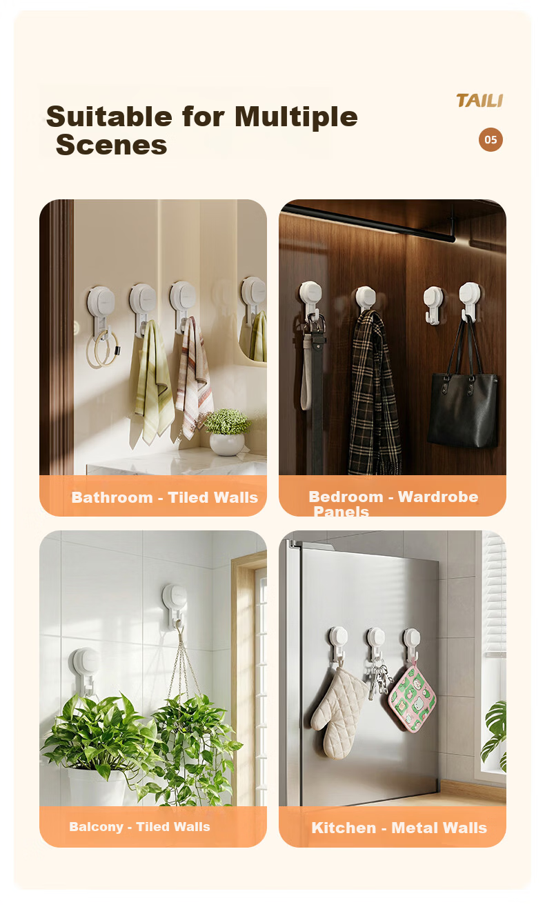Taili Suction Cup Hook No-Drill Strong Adhesive Hook Door Back Clothes Hook Kitchen Seamless Vacuum Hook Anke Vision 4-Pack 7