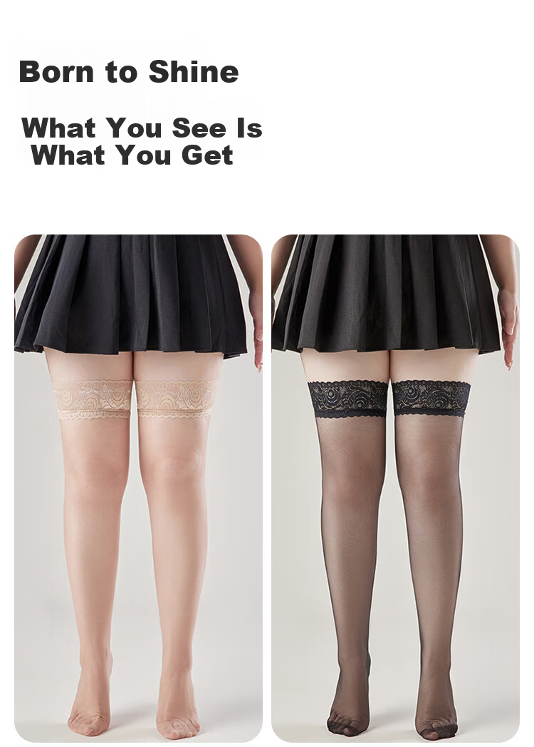 LangSha Spring Summer New Plus Size Thin Anti-Snag Over-the-Knee Lace Trim Stockings for Plus Size Women 12