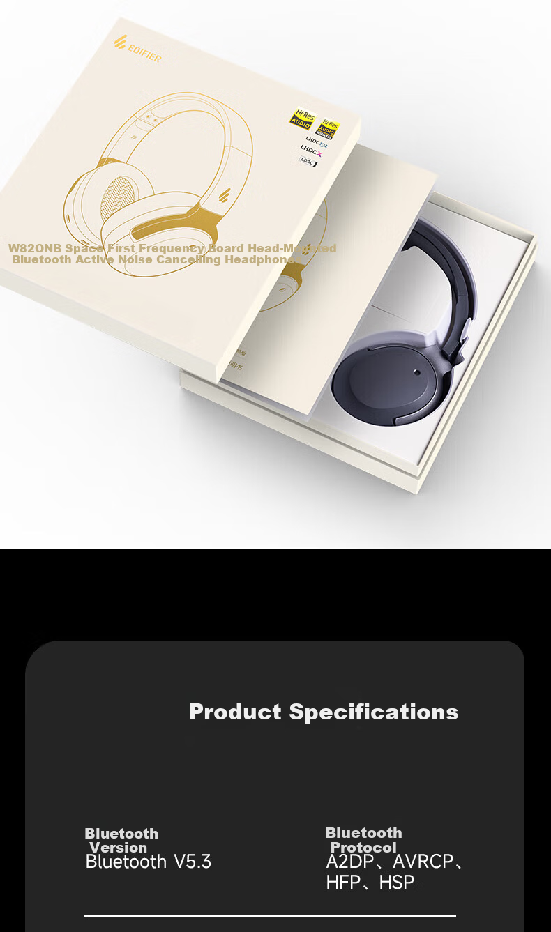 EDIFIER W820NB Classic Edition Elegant Gray Grade A Refurbished Over-Ear Bluetooth Headphones Active Noise Cancelling Deep Noise Reduction Lightweight Hi-Res 6
