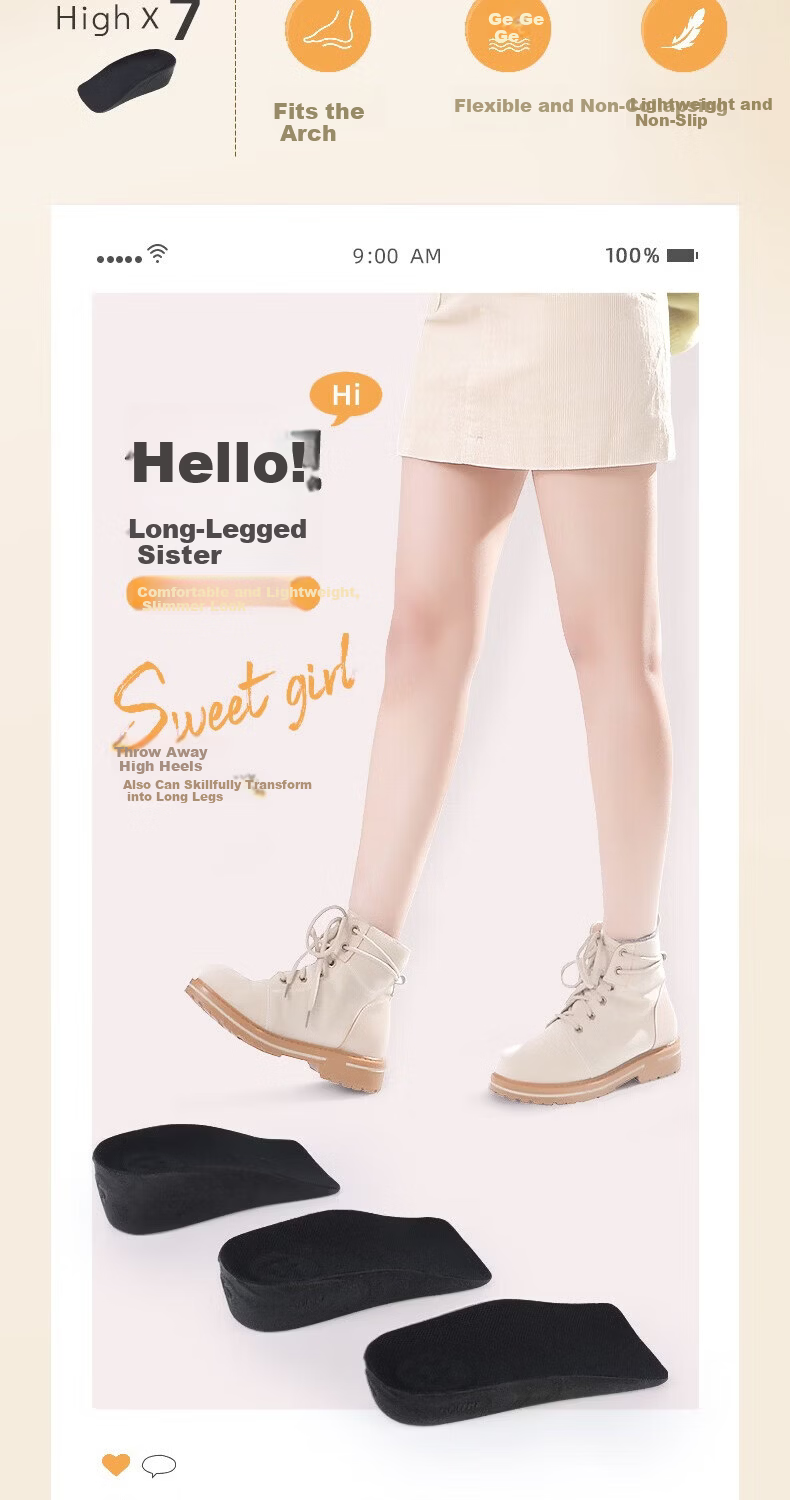 Gouge Snail Height-Increasing Insoles for Women, Arch Support, Comfortable, Invisible, Black, Women's Style, 2.5CM, One Size Fits All, 1 Pair 5