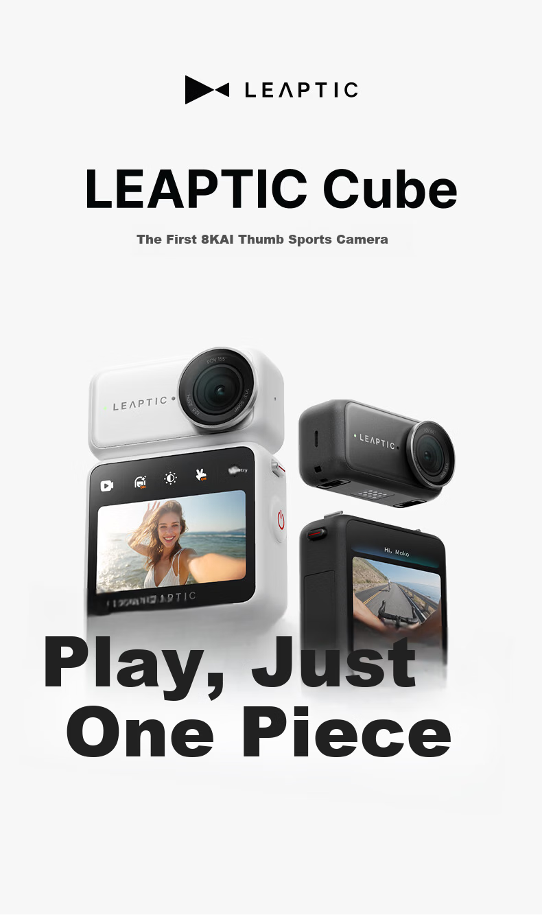 LEAPTIC Photon Transition Cube [Battery Included] Sports Camera Thumb Pocket Wearable Camera 8K/4K Vlog Cycling Running Pet All-in-One Kit 128GB Black 3