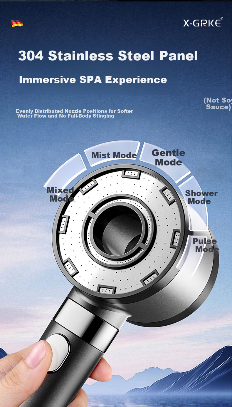 X-GRKE Germany High-Pressure Shower Head Set with Hose and Filter, Powerful Water Flow Booster 10