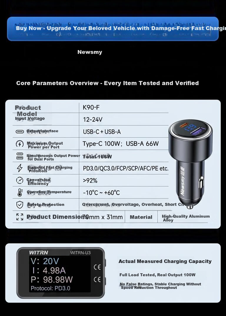 Newsmy 120W Car Charger Super Fast Charging Triple Port Cigarette Lighter Adapter Compatible with Huawei Vivo OPPO Apple 17 Laptop Charging 7