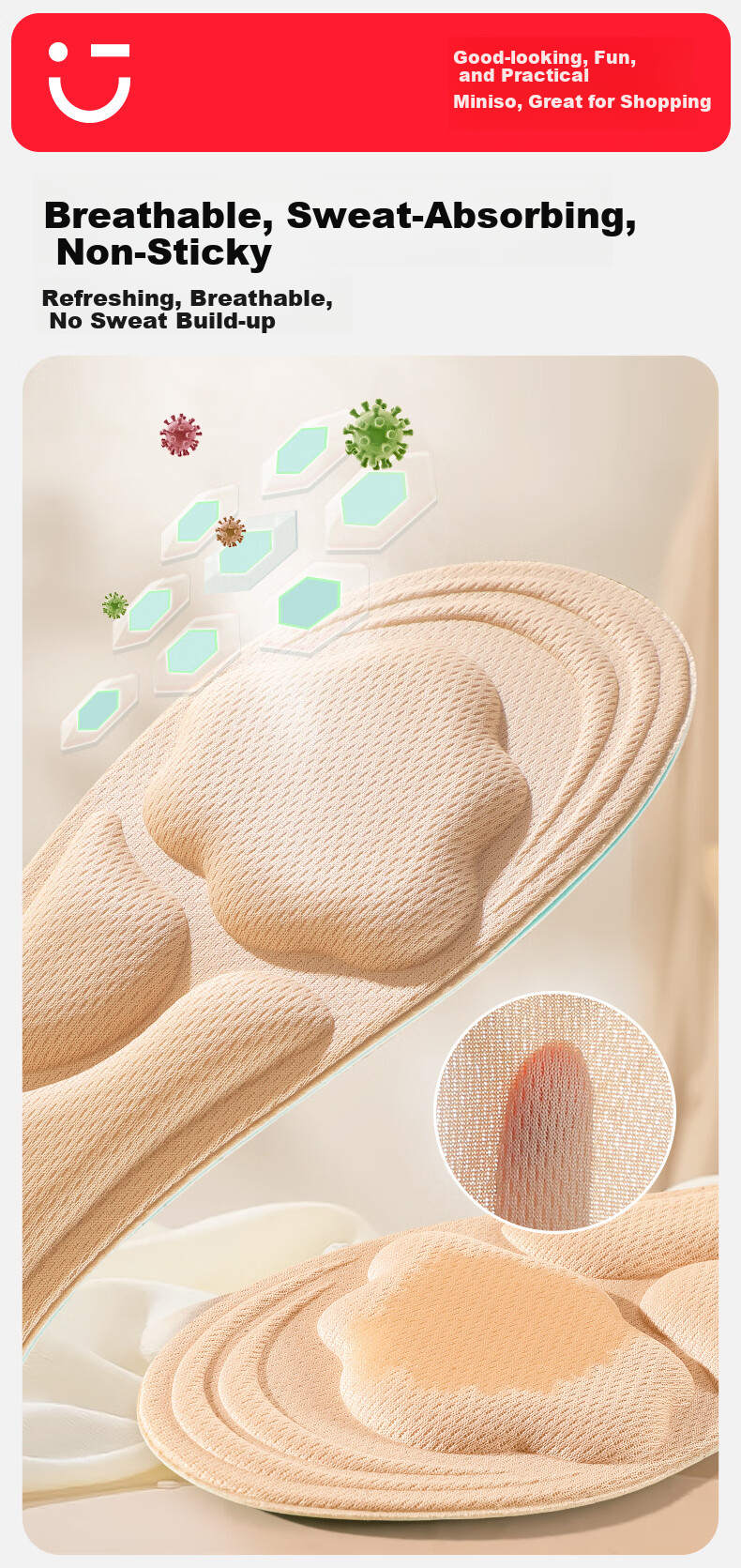 MINISO 6D Massage Arch Support Sports Insoles for Men and Women, Sweat-Absorbing, Breathable, Soft and Elastic, Size 44-46 6
