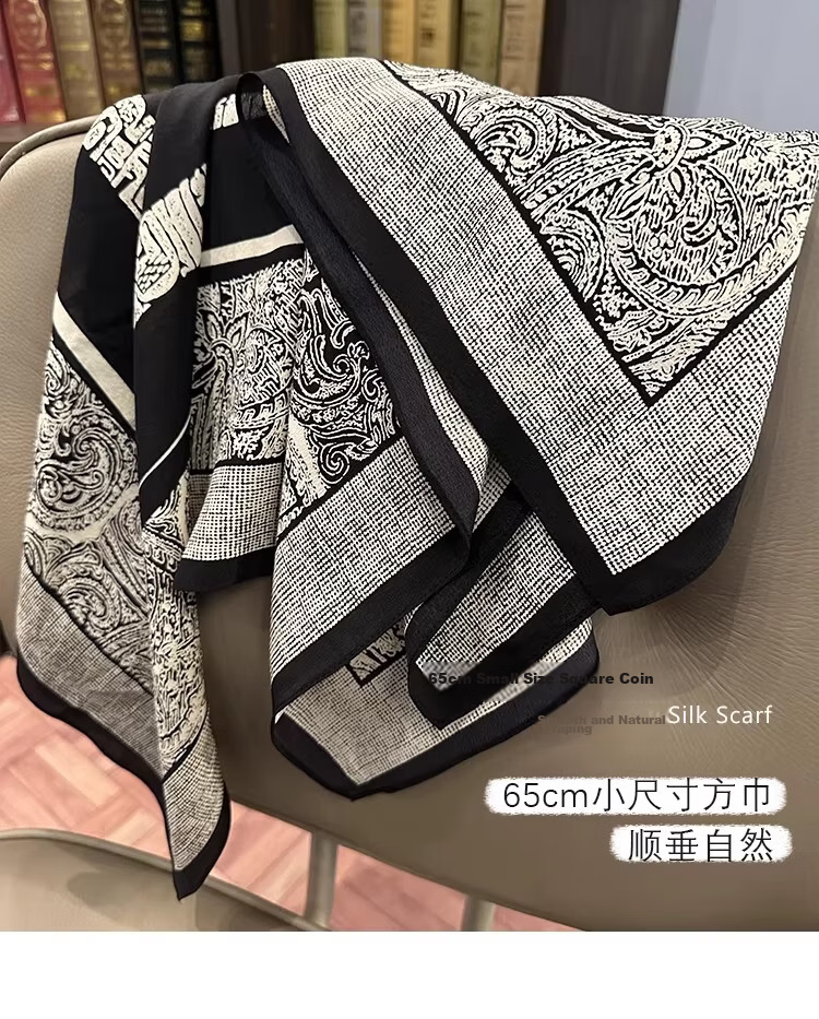 Lagur French Vintage Classic High-End Black and White 100% Mulberry Silk Square Scarf Versatile Neck Scarf for Women 7