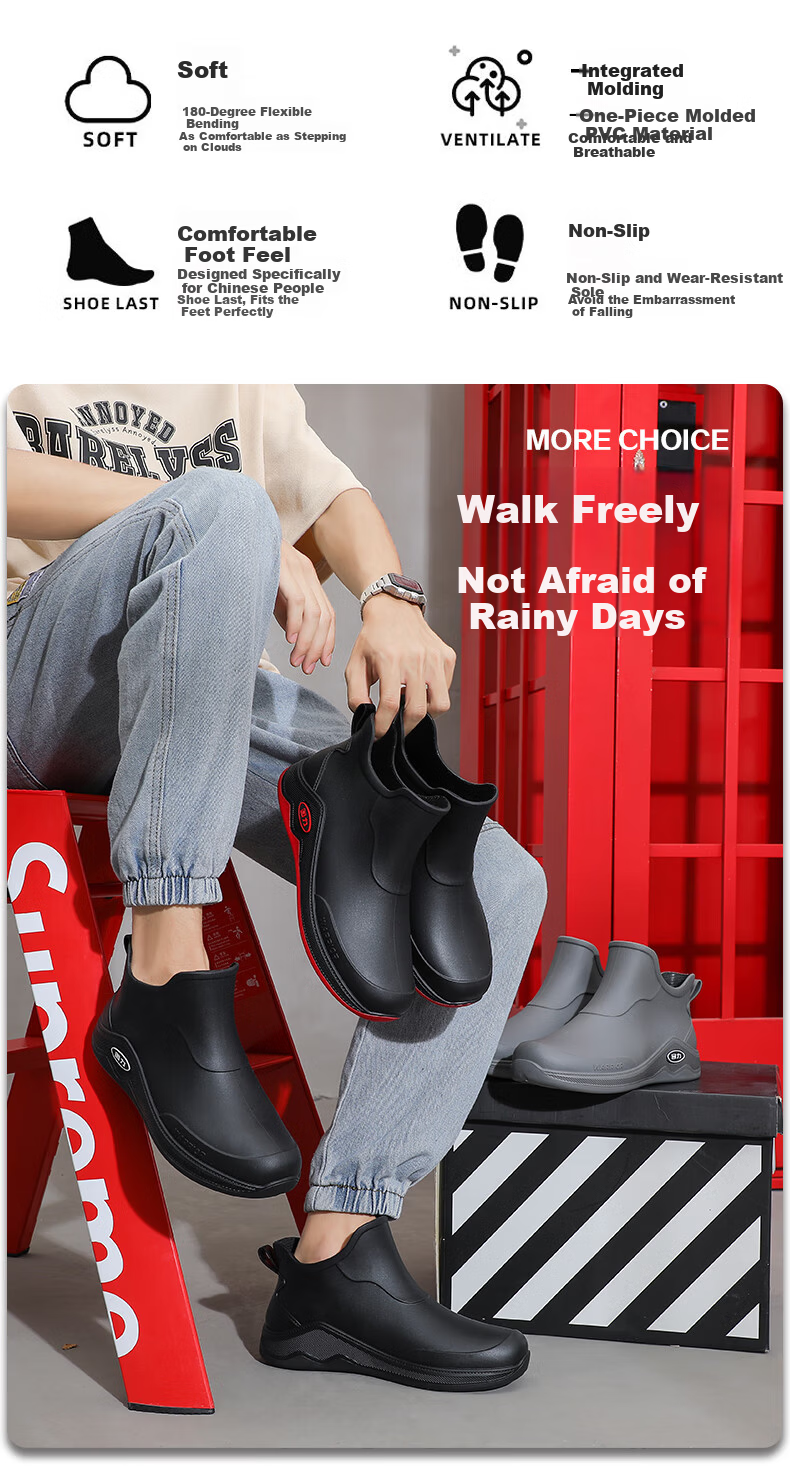 Warrior Men's Fashion Rain Shoes Non-Slip Waterproof Durable Rubber Rain Boots 3599 Black Size 38 2