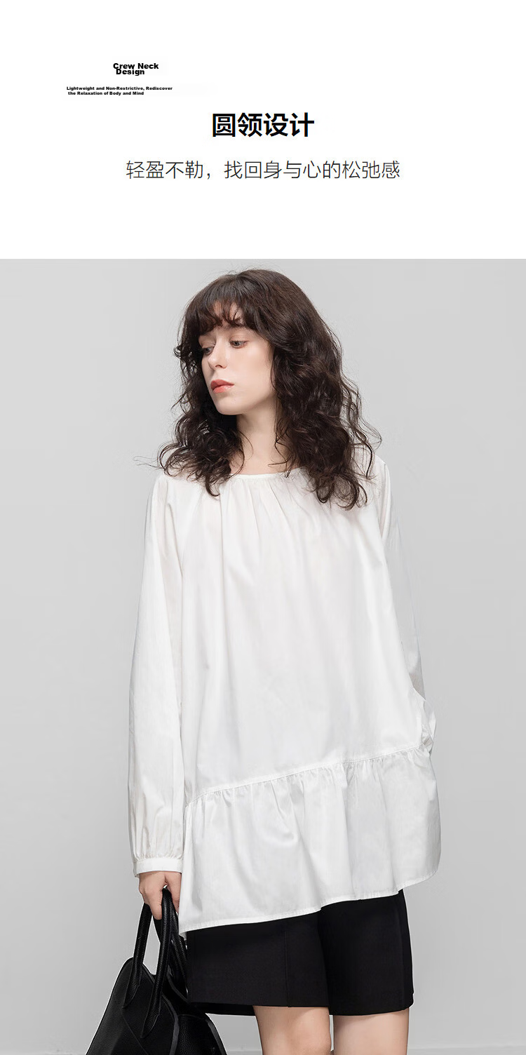 Demana [Pure Cotton Poplin] Spring Elegant Round Neck Mid-Length Doll Shirt Loose Small Size Blouse for Women 7