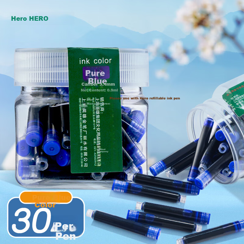 HERO School Gift Ink Cartridges 359 Fountain Pen Ink Cartridges Bulk Pack Pure Blue 30pcs
