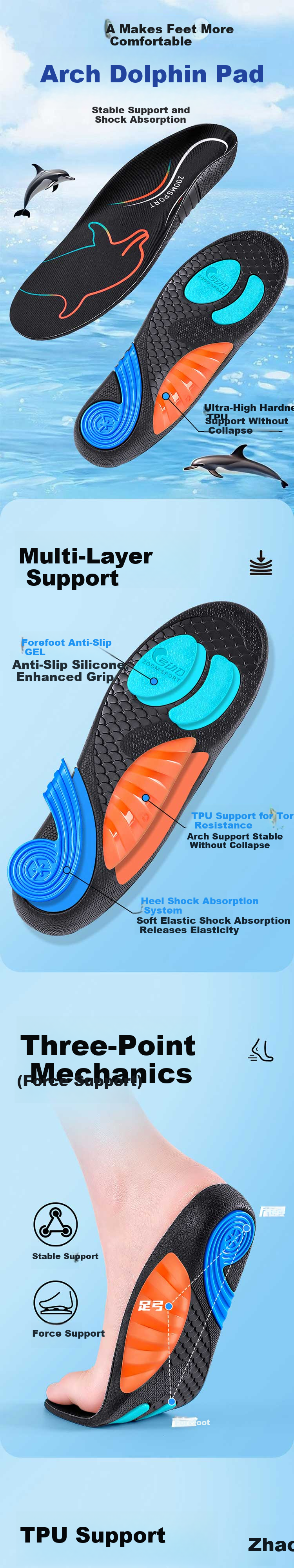 Footprint Tribe Whale Insole Professional Arch Support Insoles for Men Flat Feet Sports Shock Absorption Comfortable for Long Standing Size 43-44 1