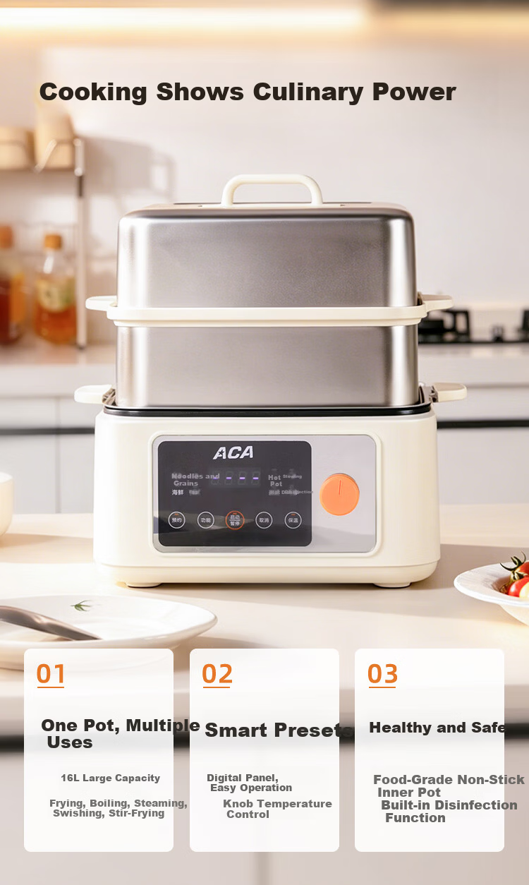 ACA 16L Electric Steamer and Cooker 3-in-1 Multi-Function Stainless Steel 304 Steaming Basket Electric Hot Pot for 3-6 People with Large Capacity and Reservation Function 2