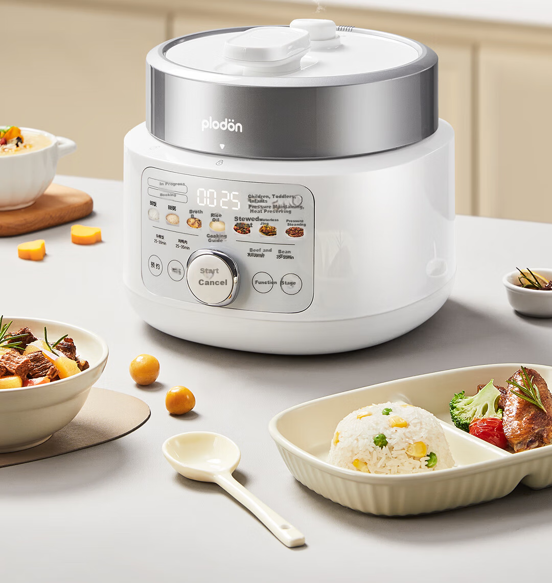 PLODON Baby Rice Oil Supplementary Food Electric Pressure Cooker, Non-Coated Multifunctional BB Infant Small Home Electric Rice Cooker 2L 2