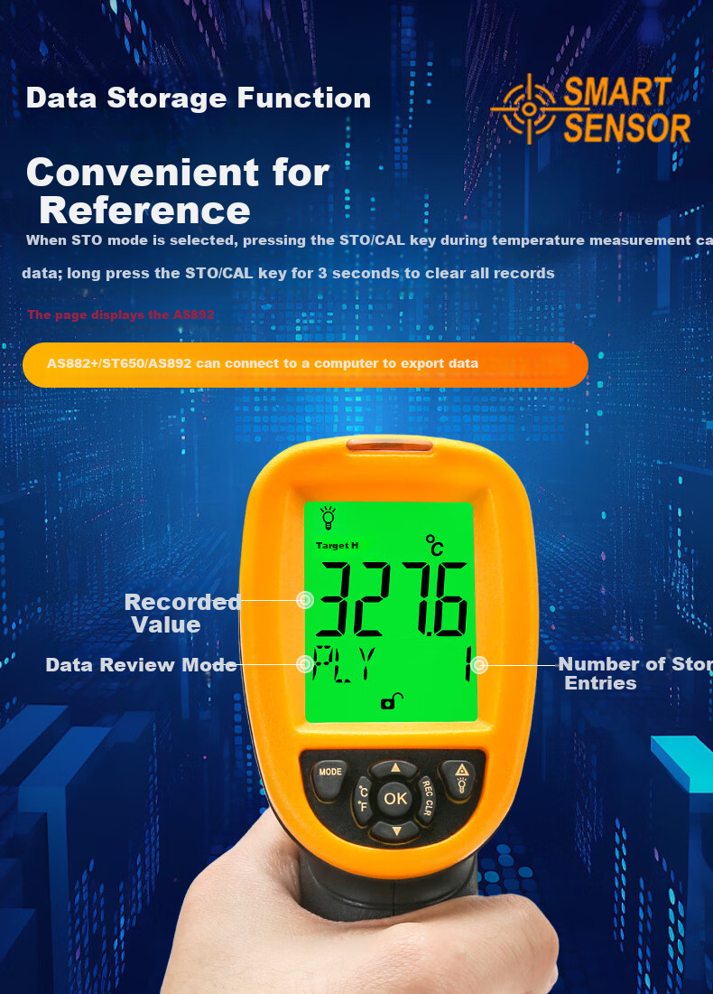 CEM Infrared Thermometer Industrial Temperature Gun High-Precision Thermometer Home Kitchen Baking Oil Temperature Gun AS-852B+ 10