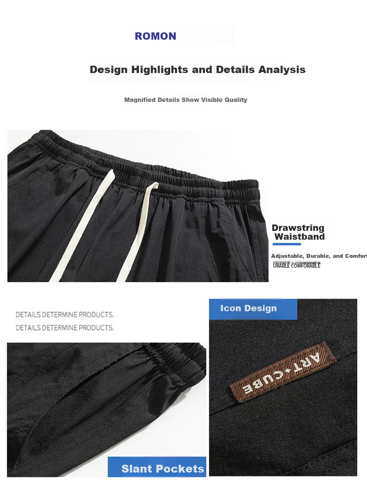 ROMON Men's Summer Thin Loose Casual Straight Five-Point Shorts Breathable Cool Black M 2