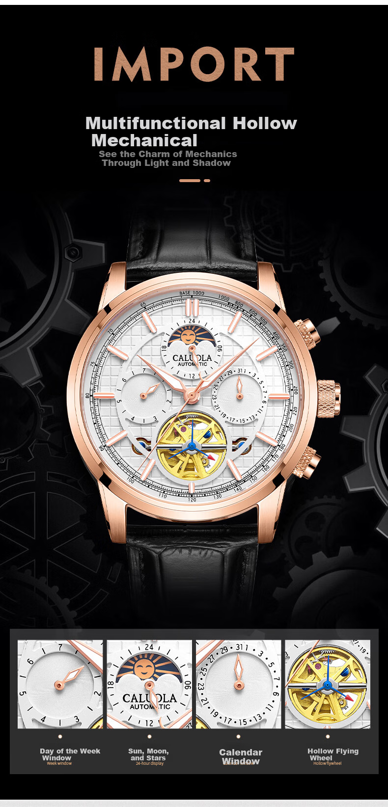 CALUOLA Men's Automatic Mechanical Watch Multifunction Leather Strap Fashion Business Wristwatch Birthday Gift 2