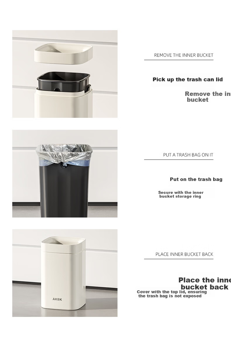 AKBK Living Room Trash Can 15L Milk White Household Bedroom Kitchen Bathroom Large Luxury 2026 New Model 6
