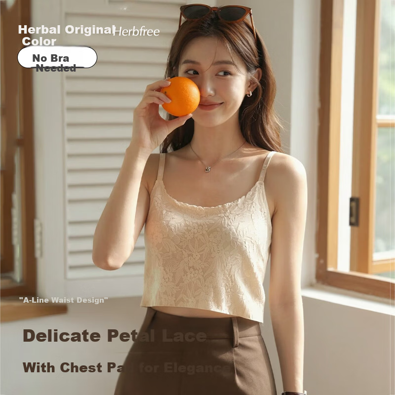 Herbal Original Color Women's Camisole with Chest Pad, Bra-Free, Summer Versatile Sexy Lace Outerwear and Inner Layering Tank Top