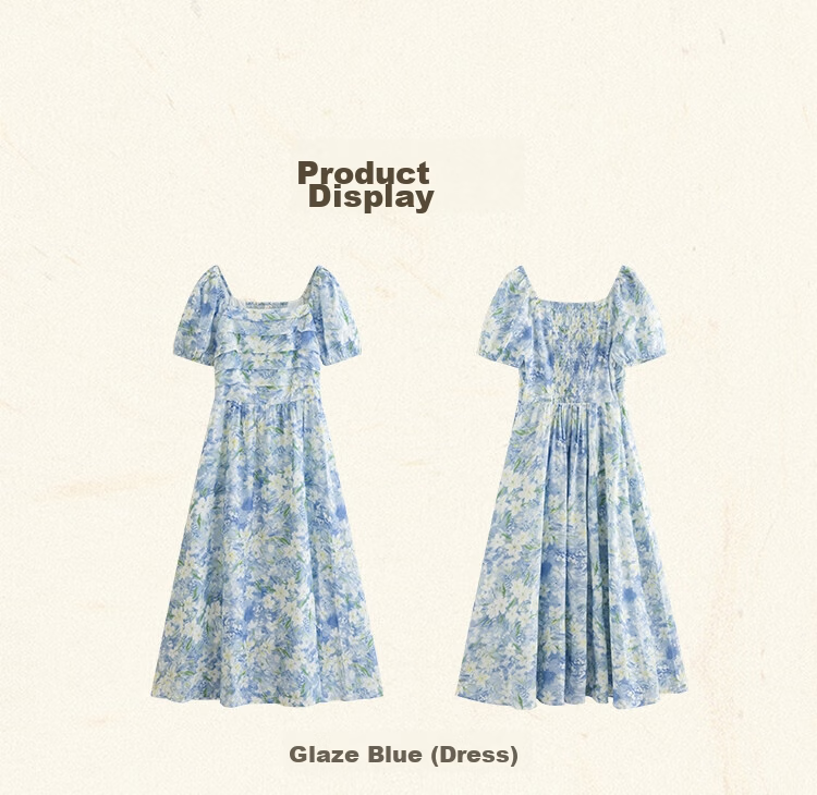 Inman Vacation Style Seaside Print Dress Summer Women's Square Neck Puff Sleeve Waist Cinched Long Dress Glaze Blue S 25