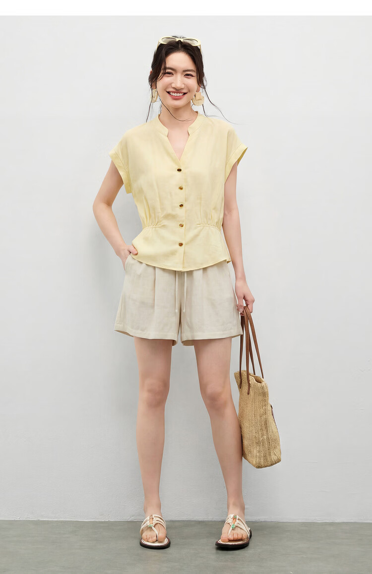 Shangdu Bila Linen Blend Stand Collar Shirt for Women Spring Summer Color-Block Button Slim Fit Flutter Sleeve Waist-Defined Short Sleeve Elegant Top 18