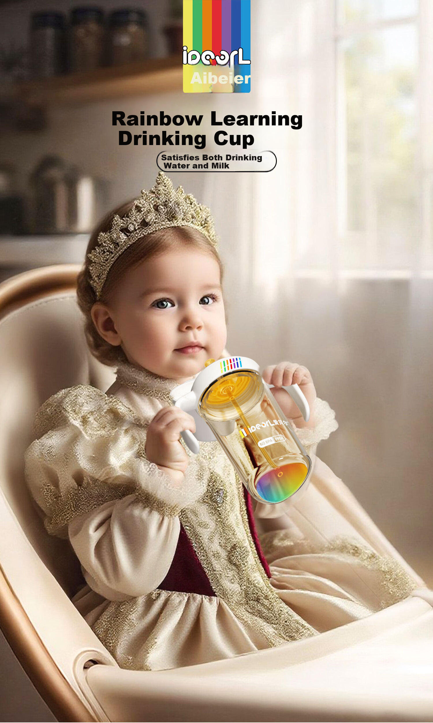 Aibeier PPSU Flip-Top Baby Bottle Rainbow Sippy Duckbill Cup 3-in-1 Infant Water Cup Direct Drinking Straw Cup 2