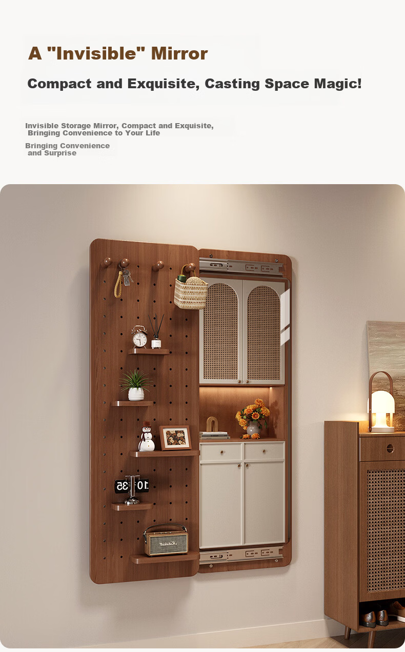 Qiyinge Solid Wood Pegboard Dressing Mirror Integrated Hidden Sliding Concealed Entryway Wall-Mounted Home Fitting Mirror 4