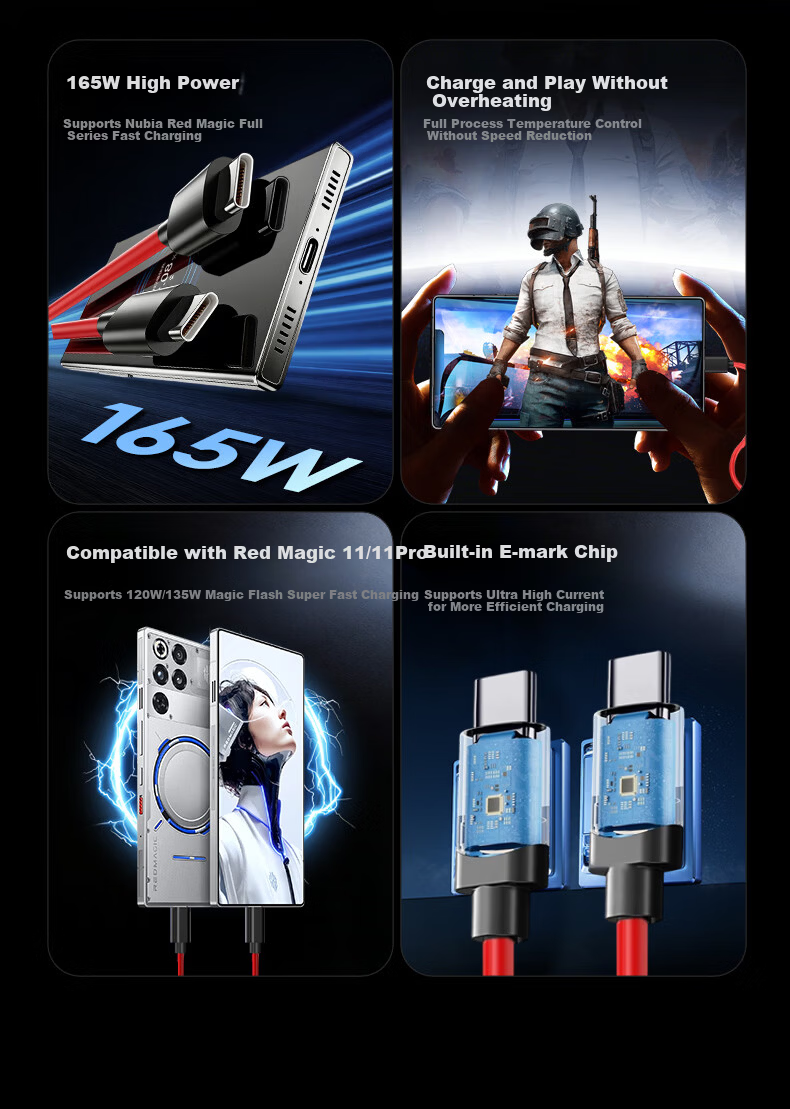 Yingqian Compatible Nubia Red Magic Data Cable Charging Cable 165W/135W/120W Fast Charging for 11/10/9/8/9S Pro+/Z70/Z60/Z50 Ultra/Pro 2