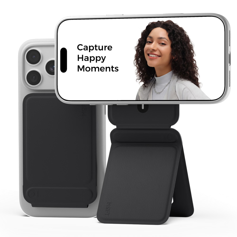 Moft Magnetic Phone Stand Compatible with Apple IPhone 15/Plus/ProMax, Live Streaming Selfie Multifunctional Phone Stand with Wireless Charging Triangle Compatible with MagSafe, Knight Black