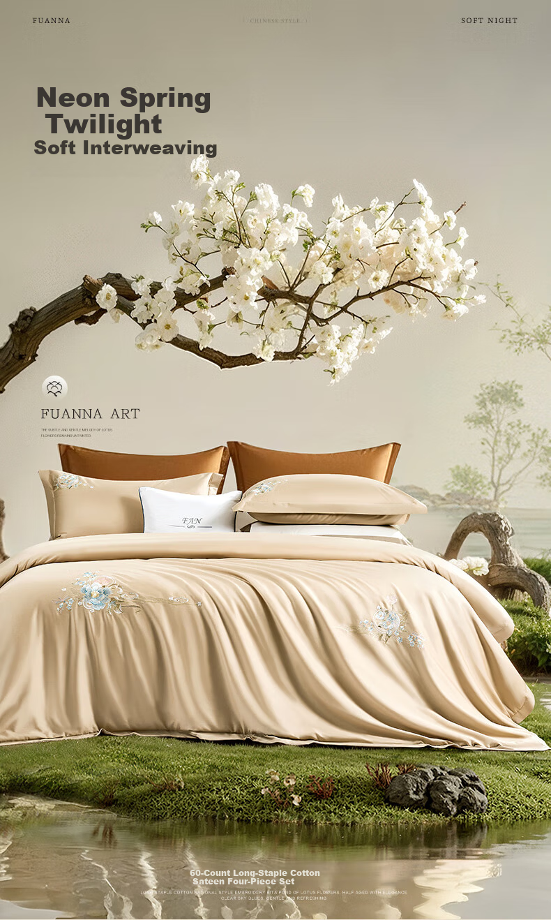 Fuanna 60S Long-Staple Cotton Embroidered 4-Piece Bedding Set 100% Cotton Sheet and Duvet Cover Double Extra Large 230*229cm Qinghuan 1