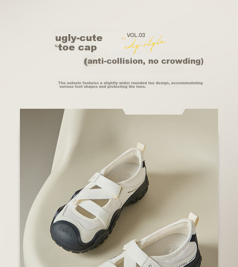 CAMEL Cute Ugly Style Women's Lightweight Outdoor Hook and Loop Hollow Thick Sole Casual Sandals L26S469185 Off-White/Black 36 7