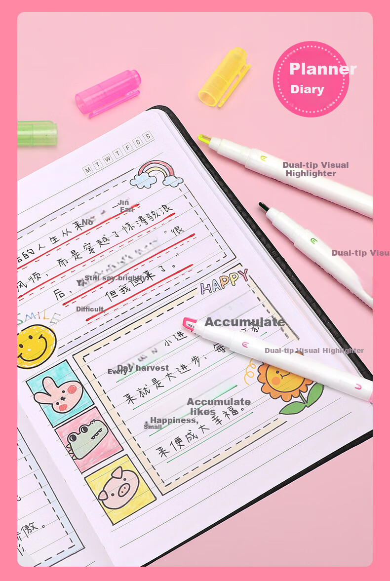 BAOKE MP4913 Double-Ended Highlighter Pen, Children's Day Gift for Girls, Visible Window Key Marker, Student Journal Pen, Doodle and Drawing Pen, 5 Pieces/Box 5