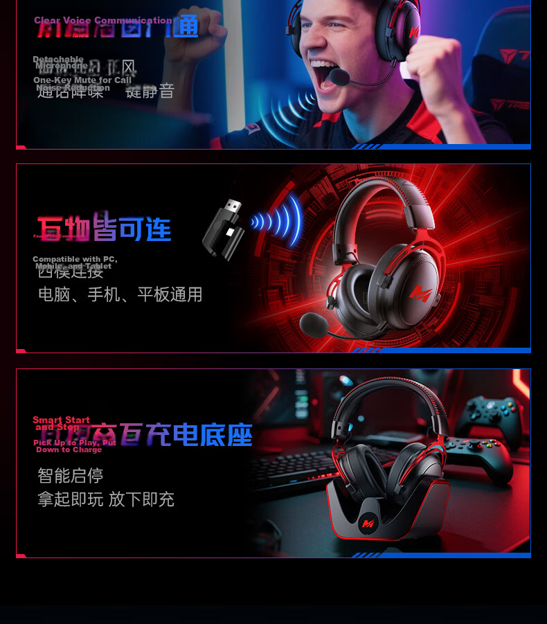 MICROKIA Delta Champion Recommended | Professional Gaming Headset Bluetooth Wireless 2.4G Four-Mode FPS Sound Positioning Headphones for Laptop Desktop 20