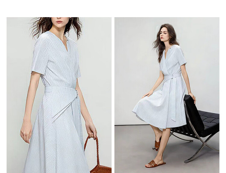 Demana Lightweight Cloud Oxygen Cotton Summer Simple Commuter V-Neck Striped Waist Belt Tie Waist A-Line Women's Dress 5