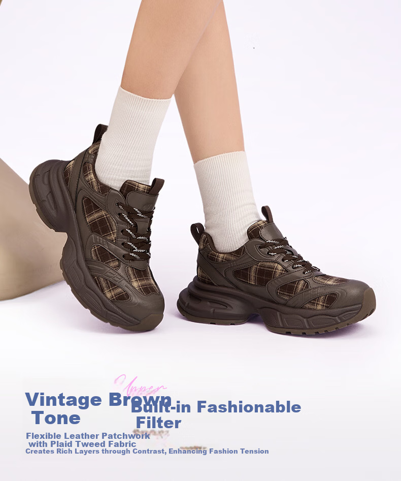 CAMEL Women's Dad Sneakers Modern Plaid Breathable Thick Sole Height Increasing Casual Sports Shoes L26S283201 Brown Size 36 3