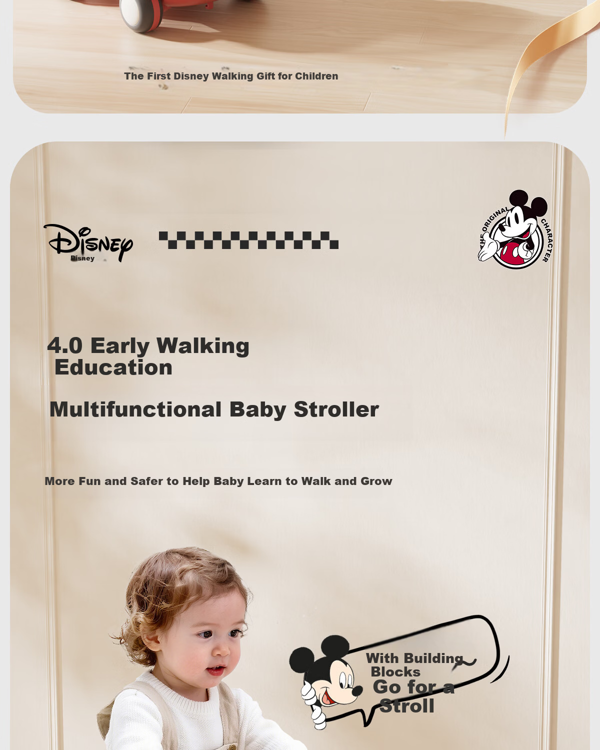 Disney Baby Walker Anti-O-Leg 2026 Model Anti-Tip Balance Walker for Babies 10 Months and Older Baby Push Walker 3
