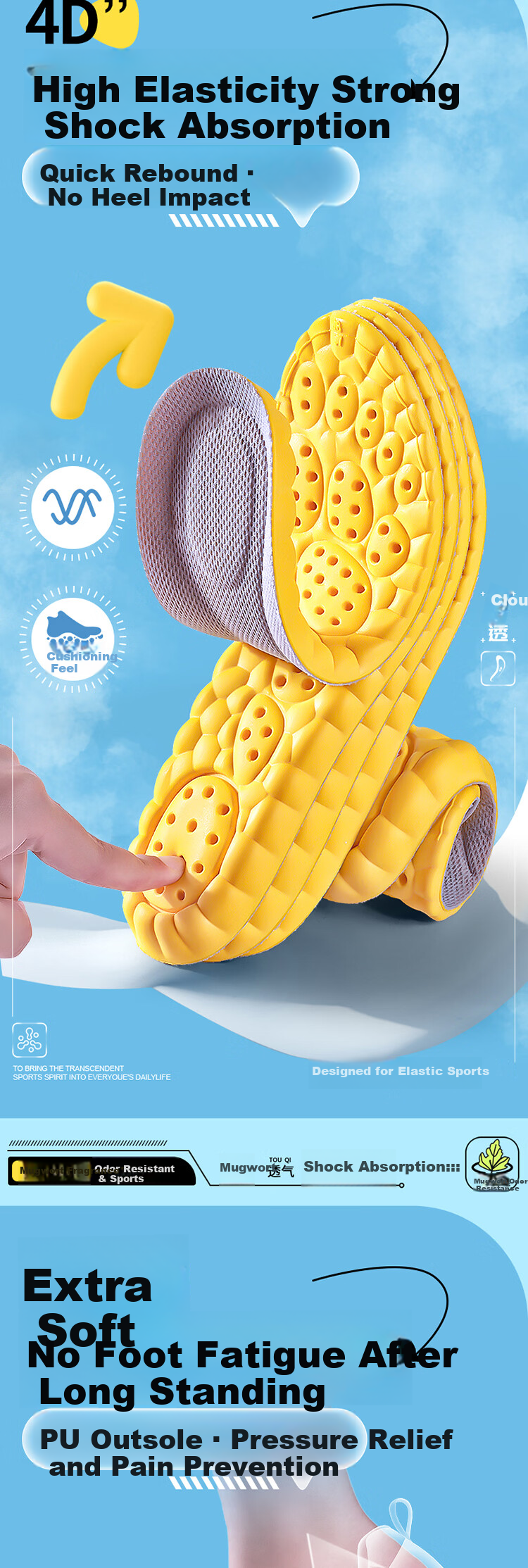 JVBV Sports Insoles Soft Elastic Anti-Fatigue High Resilience Shock Absorption Thickened Arch Support Sweat-Absorbing Breathable Size 35-36 2