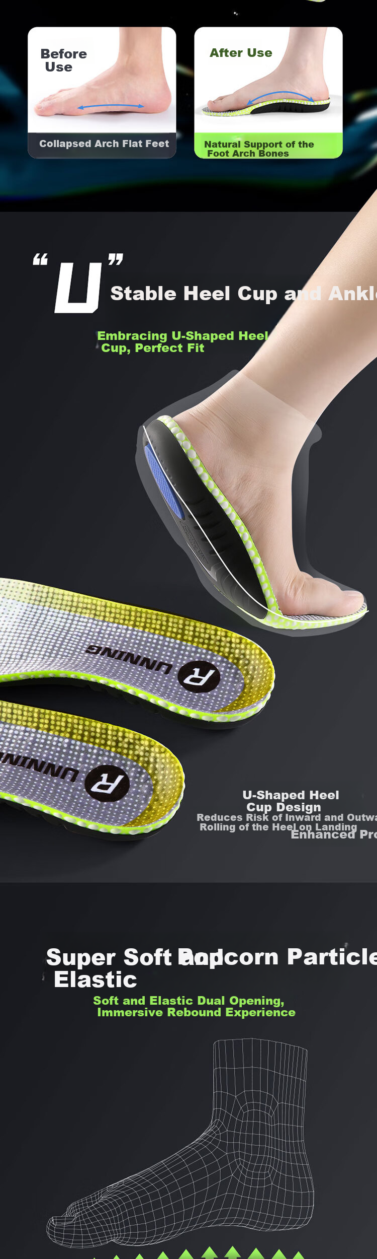 Footprint Tribe Sports Insoles Popcorn Shock Absorption Soft Elastic Long-Standing Fatigue Relief TPU Arch Support 1 Pair Size 43-44 4