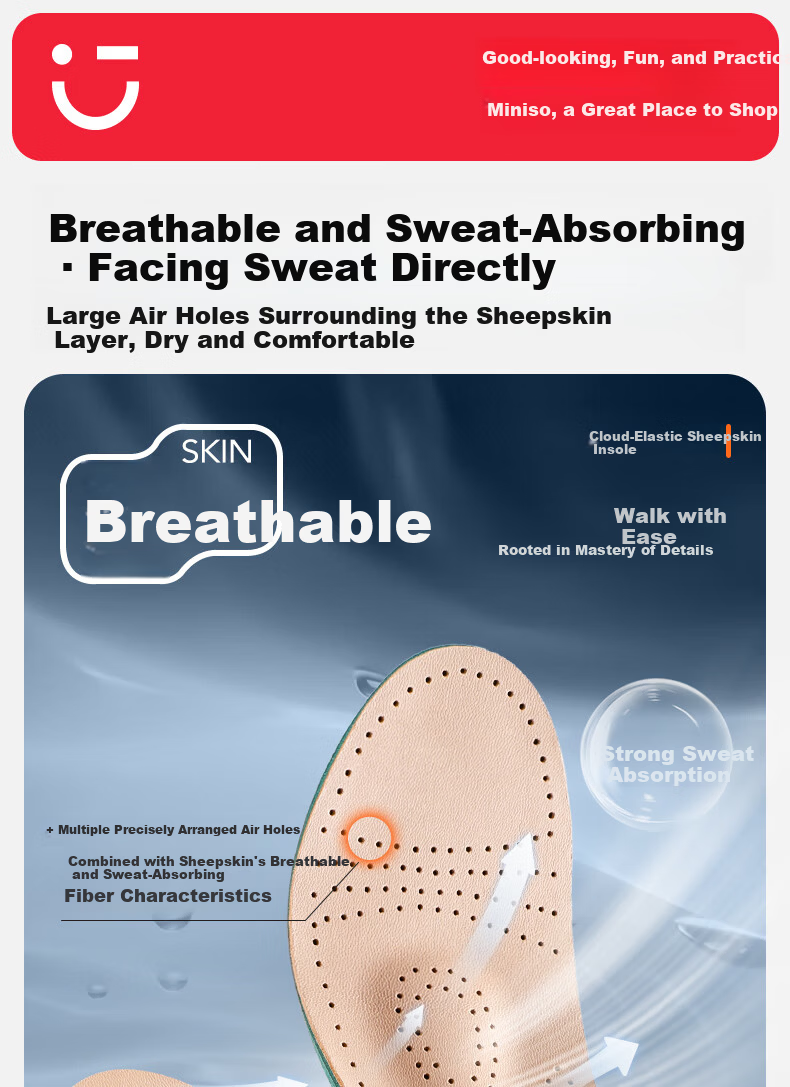 MINISO Sheepskin Insoles Sweat-Absorbing Breathable Shock-Absorbing Soft Anti-Odor Durable Comfort Insoles Size 39-40 11