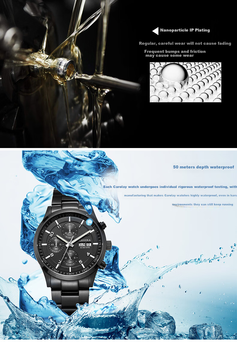 CALUOLA Six-Needle Multifunction Automatic Mechanical Men's Watch Waterproof All-Black Sports Luminous Fashion Wristwatch Trending 6
